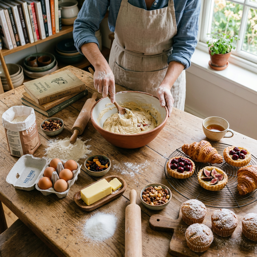 Person stirring batter in a bowl surrounded by eggs, flour, butter, nuts, baked pastries, and a cup of tea on a wooden table